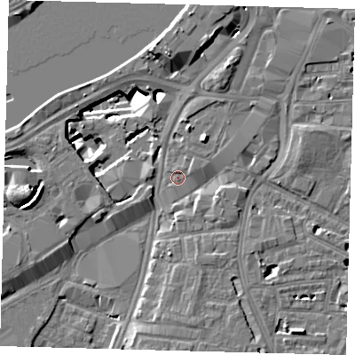 Shaded relief map of the ground around SW82LH, computed from Environment Agency LiDAR. The ground here sits at about 3 m above sea level and falls 14 m across the surrounding 800 m. Surface water reaching this point runs off ground lying to the north-east, 1.1 m higher.