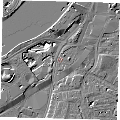 Shaded relief map of the ground around SW82LX, computed from Environment Agency LiDAR. The ground here sits at about 4 m above sea level and falls 14 m across the surrounding 800 m. Surface water reaching this point runs off ground lying to the east, 3.8 m higher.