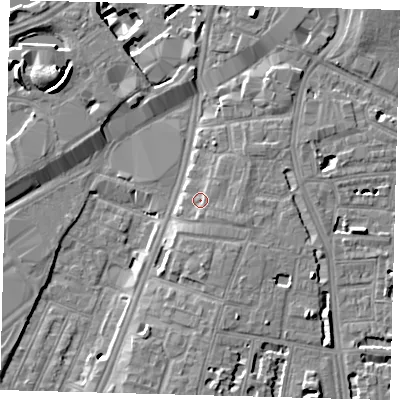 Shaded relief map of the ground around SW82SW, computed from Environment Agency LiDAR. The ground here sits at about 5 m above sea level and falls 12 m across the surrounding 800 m. Surface water reaching this point runs off ground lying to the south-east, 1.5 m higher.