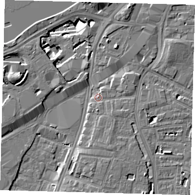 Shaded relief map of the ground around SW82TG, computed from Environment Agency LiDAR. The ground here sits at about 4 m above sea level and falls 14 m across the surrounding 800 m. Surface water reaching this point runs off ground lying to the east-south-east, 1.7 m higher.