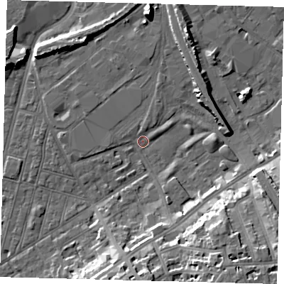 Shaded relief map of the ground around SW83AE, computed from Environment Agency LiDAR. The ground here sits at about 2 m above sea level and falls 18 m across the surrounding 800 m. Surface water reaching this point runs off ground lying to the south-south-east, 16.4 m higher.