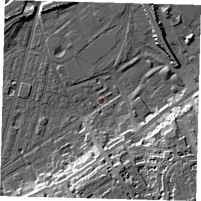 Shaded relief map of the ground around SW83AX, computed from Environment Agency LiDAR. The ground here sits at about 2 m above sea level and falls 19 m across the surrounding 800 m. Surface water reaching this point runs off ground lying to the south, 16.5 m higher.