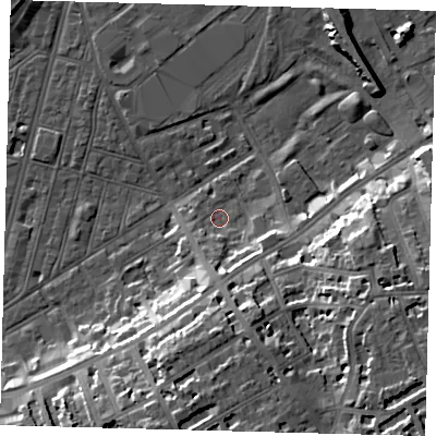 Shaded relief map of the ground around SW83BD, computed from Environment Agency LiDAR. The ground here sits at about 2 m above sea level and falls 19 m across the surrounding 800 m. Surface water reaching this point runs off ground lying to the south, 10.7 m higher.