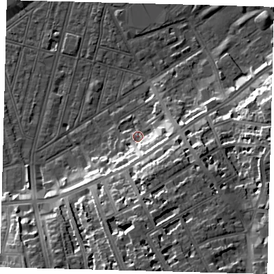 Shaded relief map of the ground around SW83BG, computed from Environment Agency LiDAR. The ground here sits at about 4 m above sea level and falls 19 m across the surrounding 800 m. Surface water reaching this point runs off ground lying to the south-south-east, 14.6 m higher.