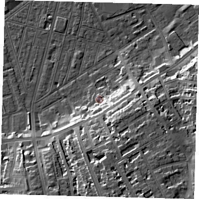 Shaded relief map of the ground around SW83DA, computed from Environment Agency LiDAR. The ground here sits at about 4 m above sea level and falls 20 m across the surrounding 800 m. Surface water reaching this point runs off ground lying to the south-south-east, 14.4 m higher.