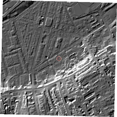 Shaded relief map of the ground around SW83DB, computed from Environment Agency LiDAR. The ground here sits at about 2 m above sea level and falls 19 m across the surrounding 800 m. Surface water reaching this point runs off ground lying to the south-south-east, 18.0 m higher.