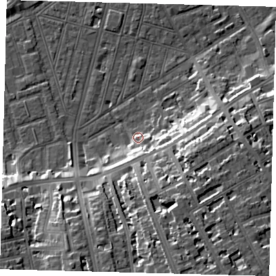 Shaded relief map of the ground around SW83DF, computed from Environment Agency LiDAR. The ground here sits at about 5 m above sea level and falls 20 m across the surrounding 800 m. Surface water reaching this point runs off ground lying to the east-south-east, 3.3 m higher.