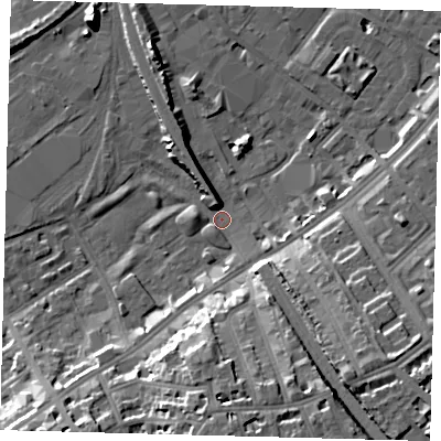 Shaded relief map of the ground around SW83DH, computed from Environment Agency LiDAR. The ground here sits at about 2 m above sea level and falls 18 m across the surrounding 800 m. Surface water reaching this point runs off ground lying to the south-south-east, 18.0 m higher.