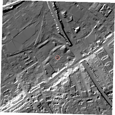 Shaded relief map of the ground around SW83DT, computed from Environment Agency LiDAR. The ground here sits at about 2 m above sea level and falls 18 m across the surrounding 800 m. Surface water reaching this point runs off ground lying to the south-south-east, 15.8 m higher.
