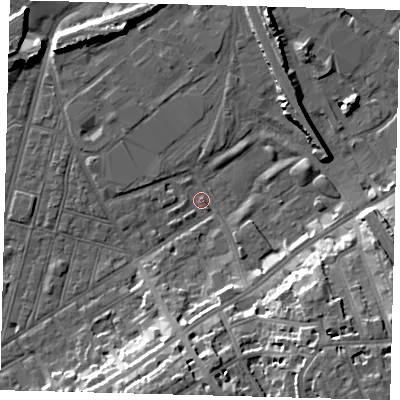 Shaded relief map of the ground around SW83ED, computed from Environment Agency LiDAR. The ground here sits at about 2 m above sea level and falls 18 m across the surrounding 800 m. Surface water reaching this point runs off ground lying to the south-east, 16.7 m higher.
