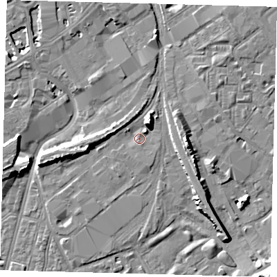 Shaded relief map of the ground around SW83EG, computed from Environment Agency LiDAR. The ground here sits at about 3 m above sea level and falls 11 m across the surrounding 800 m. Surface water reaching this point runs off ground lying to the west-south-west, 5.9 m higher.