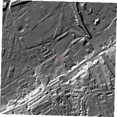 Shaded relief map of the ground around SW83EH, computed from Environment Agency LiDAR. The ground here sits at about 2 m above sea level and falls 19 m across the surrounding 800 m. Surface water reaching this point runs off ground lying to the south-south-east, 4.6 m higher.