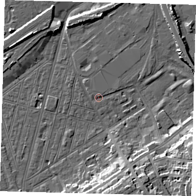 Shaded relief map of the ground around SW83EQ, computed from Environment Agency LiDAR. The ground here sits at about 2 m above sea level and falls 16 m across the surrounding 800 m. Surface water reaching this point runs off ground lying to the north, 1.2 m higher.
