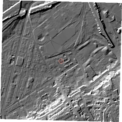 Shaded relief map of the ground around SW83EY, computed from Environment Agency LiDAR. The ground here sits at about 2 m above sea level and falls 18 m across the surrounding 800 m. Surface water reaching this point runs off ground lying to the north-west, 6.0 m higher.