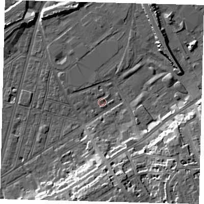 Shaded relief map of the ground around SW83EZ, computed from Environment Agency LiDAR. The ground here sits at about 2 m above sea level and falls 18 m across the surrounding 800 m. Surface water reaching this point runs off ground lying to the south-east, 16.4 m higher.