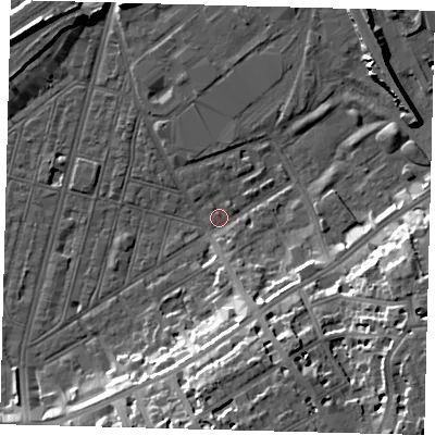 Shaded relief map of the ground around SW83HB, computed from Environment Agency LiDAR. The ground here sits at about 1 m above sea level and falls 18 m across the surrounding 800 m. Surface water reaching this point runs off ground lying to the south, 16.9 m higher.