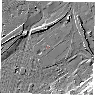 Shaded relief map of the ground around SW83HE, computed from Environment Agency LiDAR. The ground here sits at about 3 m above sea level and falls 15 m across the surrounding 800 m. The ground contributing surface water to this point lies to the east-north-east.