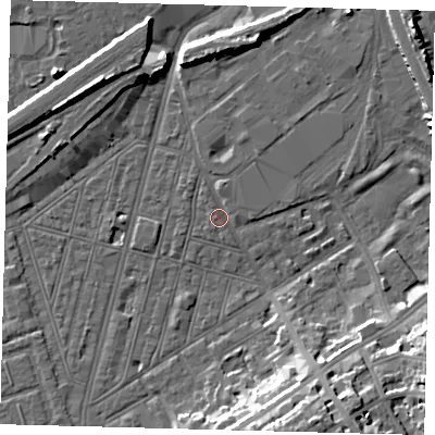 Shaded relief map of the ground around SW83HH, computed from Environment Agency LiDAR. The ground here sits at about 2 m above sea level and falls 16 m across the surrounding 800 m. Surface water reaching this point runs off ground lying to the north, 1.5 m higher.