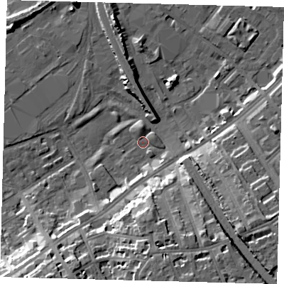 Shaded relief map of the ground around SW83LF, computed from Environment Agency LiDAR. The ground here sits at about 2 m above sea level and falls 18 m across the surrounding 800 m. Surface water reaching this point runs off ground lying to the south, 15.5 m higher.