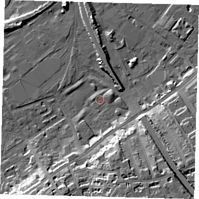 Shaded relief map of the ground around SW83LG, computed from Environment Agency LiDAR. The ground here sits at about 2 m above sea level and falls 18 m across the surrounding 800 m. Surface water reaching this point runs off ground lying to the east-north-east, 2.3 m higher.