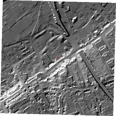 Shaded relief map of the ground around SW83LH, computed from Environment Agency LiDAR. The ground here sits at about 3 m above sea level and falls 19 m across the surrounding 800 m. Surface water reaching this point runs off ground lying to the south-east, 3.0 m higher.