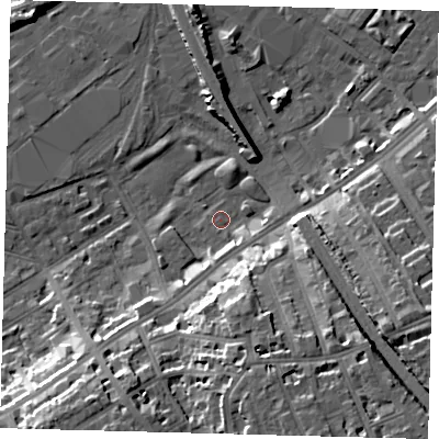 Shaded relief map of the ground around SW83LJ, computed from Environment Agency LiDAR. The ground here sits at about 2 m above sea level and falls 18 m across the surrounding 800 m. Surface water reaching this point runs off ground lying to the south-south-east, 15.5 m higher.