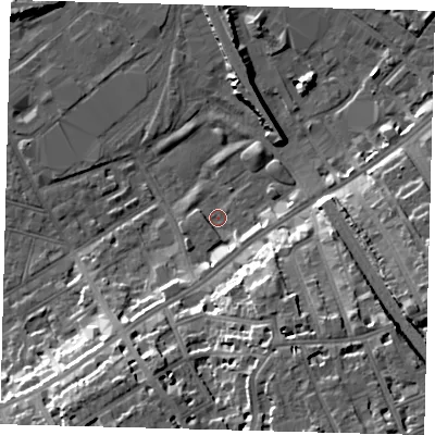 Shaded relief map of the ground around SW83LL, computed from Environment Agency LiDAR. The ground here sits at about 2 m above sea level and falls 19 m across the surrounding 800 m. Surface water reaching this point runs off ground lying to the south-south-west, 4.1 m higher.