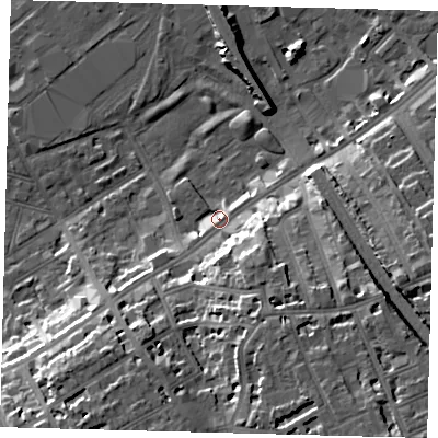 Shaded relief map of the ground around SW83NA, computed from Environment Agency LiDAR. The ground here sits at about 4 m above sea level and falls 20 m across the surrounding 800 m. Surface water reaching this point runs off ground lying to the south-south-east, 13.1 m higher.