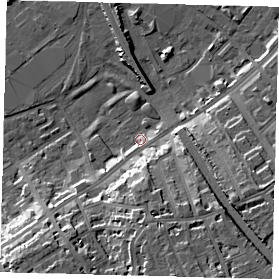 Shaded relief map of the ground around SW83ND, computed from Environment Agency LiDAR. The ground here sits at about 3 m above sea level and falls 19 m across the surrounding 800 m. Surface water reaching this point runs off ground lying to the south, 15.5 m higher.