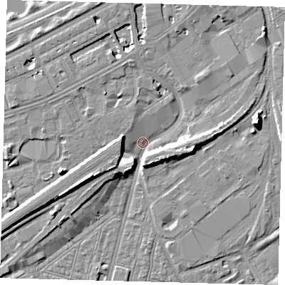 Shaded relief map of the ground around SW83NP, computed from Environment Agency LiDAR. The ground here sits at about 2 m above sea level and falls 10 m across the surrounding 800 m. Surface water reaching this point runs off ground lying to the west-south-west, 9.1 m higher.