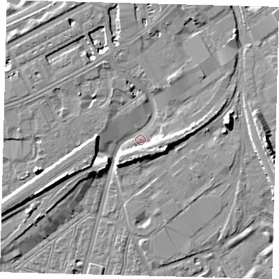 Shaded relief map of the ground around SW83NR, computed from Environment Agency LiDAR. The ground here sits at about 2 m above sea level and falls 10 m across the surrounding 800 m. Surface water reaching this point runs off ground lying to the west-south-west, 9.1 m higher.