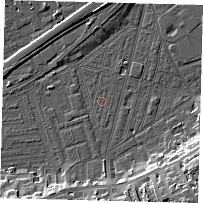 Shaded relief map of the ground around SW83PF, computed from Environment Agency LiDAR. The ground here sits at about 2 m above sea level and falls 18 m across the surrounding 800 m. Surface water reaching this point runs off ground lying to the south-west, 1.2 m higher.