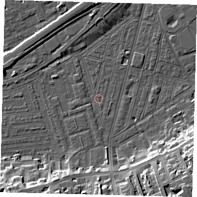 Shaded relief map of the ground around SW83PG, computed from Environment Agency LiDAR. The ground here sits at about 2 m above sea level and falls 18 m across the surrounding 800 m. Surface water reaching this point runs off ground lying to the west-south-west, 1.2 m higher.