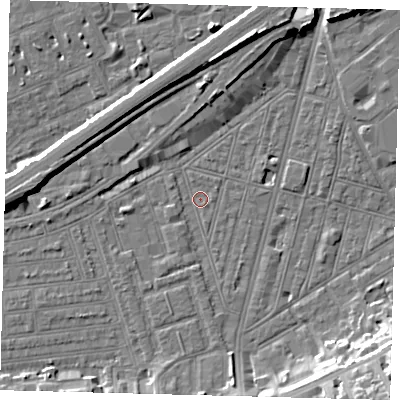 Shaded relief map of the ground around SW83PJ, computed from Environment Agency LiDAR. The ground here sits at about 2 m above sea level and falls 14 m across the surrounding 800 m. Surface water reaching this point runs off ground lying to the south, 1.4 m higher.