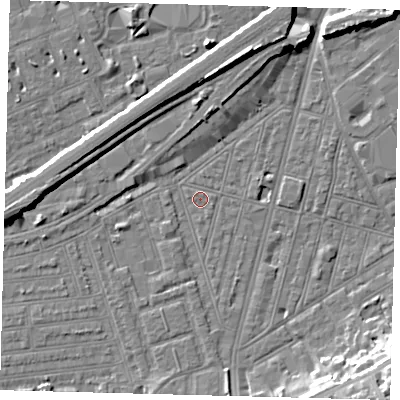 Shaded relief map of the ground around SW83PL, computed from Environment Agency LiDAR. The ground here sits at about 2 m above sea level and falls 14 m across the surrounding 800 m. Surface water reaching this point runs off ground lying to the south, 1.4 m higher.
