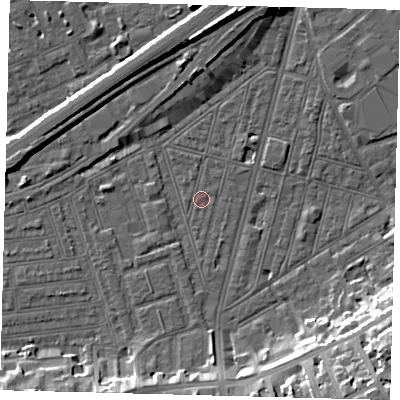 Shaded relief map of the ground around SW83PQ, computed from Environment Agency LiDAR. The ground here sits at about 2 m above sea level and falls 17 m across the surrounding 800 m. Surface water reaching this point runs off ground lying to the south-south-west, 1.4 m higher.