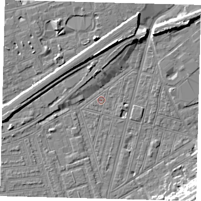 Shaded relief map of the ground around SW83PR, computed from Environment Agency LiDAR. The ground here sits at about 2 m above sea level and falls 14 m across the surrounding 800 m. Surface water reaching this point runs off ground lying to the north, 8.2 m higher.