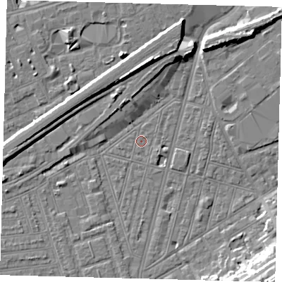 Shaded relief map of the ground around SW83PS, computed from Environment Agency LiDAR. The ground here sits at about 2 m above sea level and falls 15 m across the surrounding 800 m. Surface water reaching this point runs off ground lying to the east-south-east, 1.2 m higher.