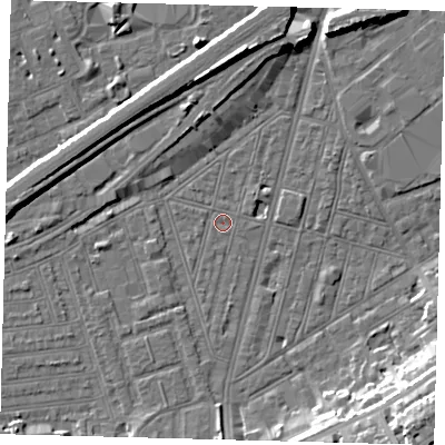 Shaded relief map of the ground around SW83PT, computed from Environment Agency LiDAR. The ground here sits at about 2 m above sea level and falls 16 m across the surrounding 800 m. Surface water reaching this point runs off ground lying to the south-south-west, 1.4 m higher.