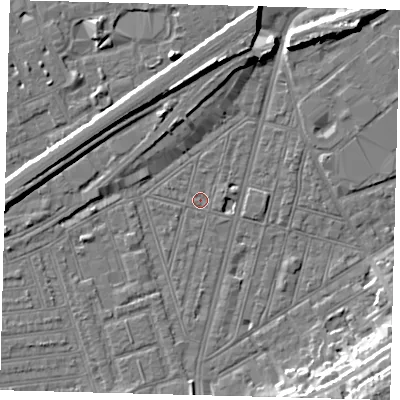 Shaded relief map of the ground around SW83PU, computed from Environment Agency LiDAR. The ground here sits at about 2 m above sea level and falls 16 m across the surrounding 800 m. Surface water reaching this point runs off ground lying to the south-south-west, 1.4 m higher.