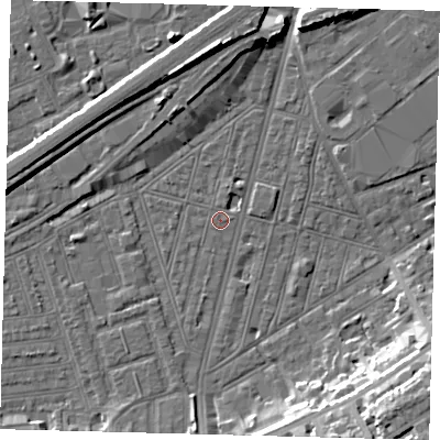 Shaded relief map of the ground around SW83PX, computed from Environment Agency LiDAR. The ground here sits at about 2 m above sea level and falls 16 m across the surrounding 800 m. Surface water reaching this point runs off ground lying to the south-west, 1.4 m higher.