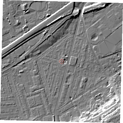 Shaded relief map of the ground around SW83PY, computed from Environment Agency LiDAR. The ground here sits at about 2 m above sea level and falls 16 m across the surrounding 800 m. Surface water reaching this point runs off ground lying to the north-north-east, 1.1 m higher.