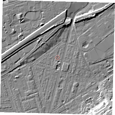 Shaded relief map of the ground around SW83PZ, computed from Environment Agency LiDAR. The ground here sits at about 2 m above sea level and falls 15 m across the surrounding 800 m. Surface water reaching this point runs off ground lying to the south-south-east, 1.8 m higher.