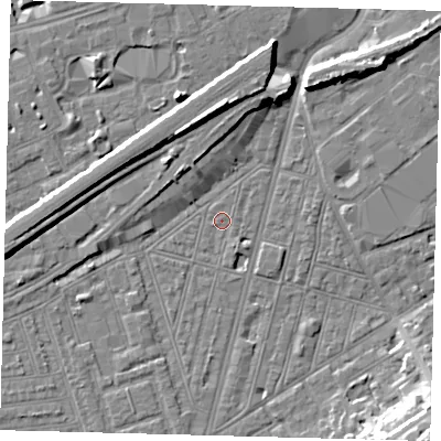 Shaded relief map of the ground around SW83QA, computed from Environment Agency LiDAR. The ground here sits at about 2 m above sea level and falls 14 m across the surrounding 800 m. The ground contributing surface water to this point lies to the east-north-east.