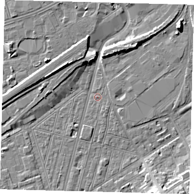 Shaded relief map of the ground around SW83QB, computed from Environment Agency LiDAR. The ground here sits at about 2 m above sea level and falls 10 m across the surrounding 800 m. Surface water reaching this point runs off ground lying to the north-west, 9.2 m higher.