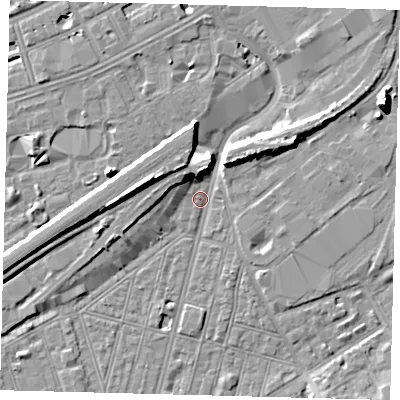 Shaded relief map of the ground around SW83QD, computed from Environment Agency LiDAR. The ground here sits at about 2 m above sea level and falls 10 m across the surrounding 800 m. Surface water reaching this point runs off ground lying to the west-north-west, 9.2 m higher.