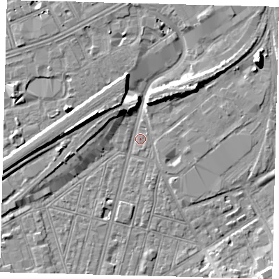 Shaded relief map of the ground around SW83QE, computed from Environment Agency LiDAR. The ground here sits at about 2 m above sea level and falls 10 m across the surrounding 800 m. Surface water reaching this point runs off ground lying to the west-north-west, 9.2 m higher.