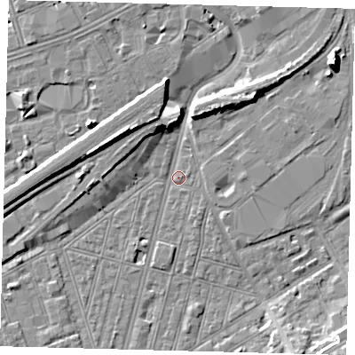 Shaded relief map of the ground around SW83QF, computed from Environment Agency LiDAR. The ground here sits at about 2 m above sea level and falls 10 m across the surrounding 800 m. Surface water reaching this point runs off ground lying to the north-west, 9.2 m higher.