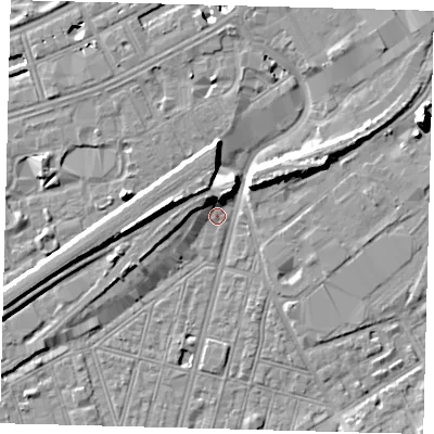 Shaded relief map of the ground around SW83QG, computed from Environment Agency LiDAR. The ground here sits at about 3 m above sea level and falls 10 m across the surrounding 800 m. Surface water reaching this point runs off ground lying to the north, 4.9 m higher.