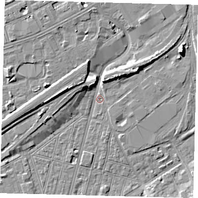 Shaded relief map of the ground around SW83QH, computed from Environment Agency LiDAR. The ground here sits at about 2 m above sea level and falls 10 m across the surrounding 800 m. Surface water reaching this point runs off ground lying to the west-north-west, 9.1 m higher.